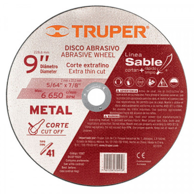 DICOF-9020 Disco Tipo 41 para corte fino de metal Línea Sable 9 pulgadas , 2mm TRUPER