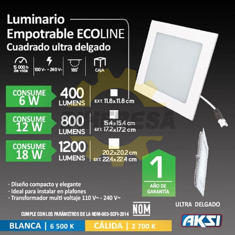 Luminario Empotrable Cuadrado Led Linea Eco 18 W Luz Blanca 6500k 8933