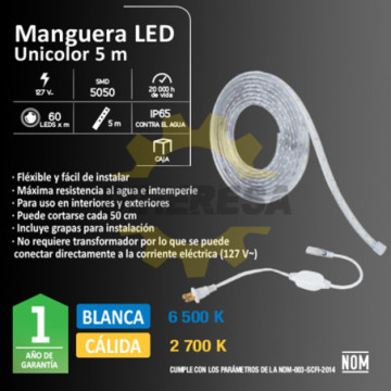 118251 Manguera Led 127v Color Blanco 6500k (5 Mts) Ip65 60 Led/Mt Smd5050