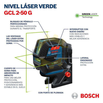 0601066M01 Nivel láser de línea combinado. Láser lineal auto nivelador horizontal, vertical láser verde x 4 veces más visible